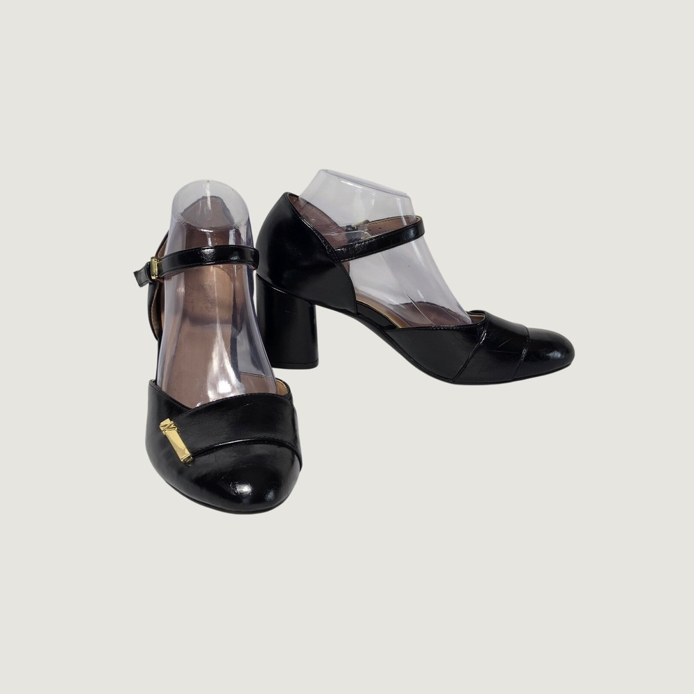 Naturalizer Black Leather Mary Jane Block Heel Pumps Gold Hardware Women SZ 9.5